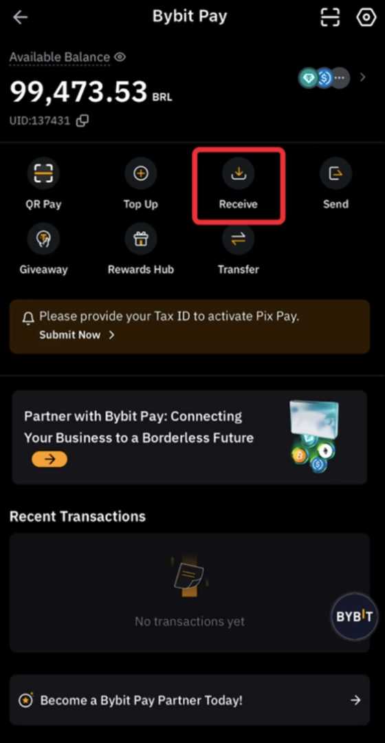 bybit interface with receive button